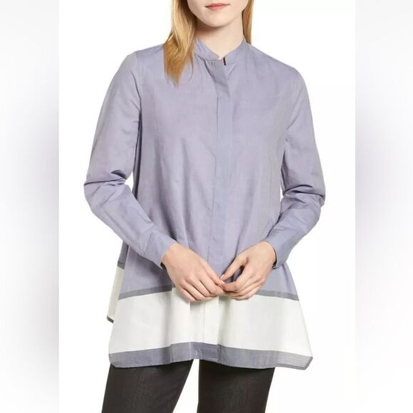 Anne Klein 100% cotton chambray top blouse front button light blue white block L - Picture 3 of 14